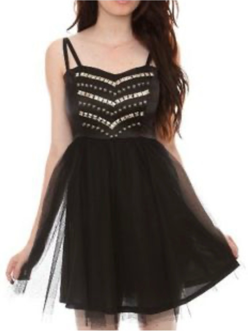 Double Zero Black Tulle Spaghetti-Strap Dress with Studded Bodice